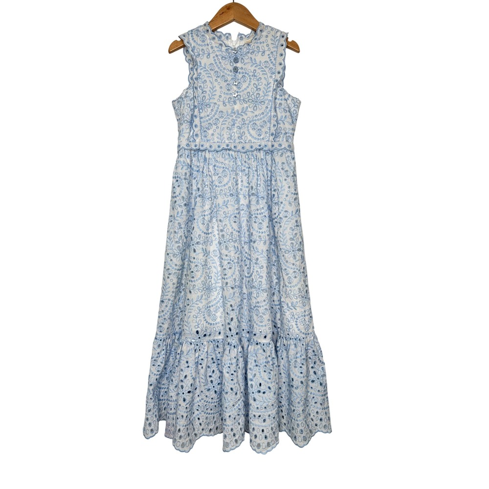 Marlo Eyelet Maxi Dress Girls 7-8Y Blue White Floral Cotton Sleeveless Tiered